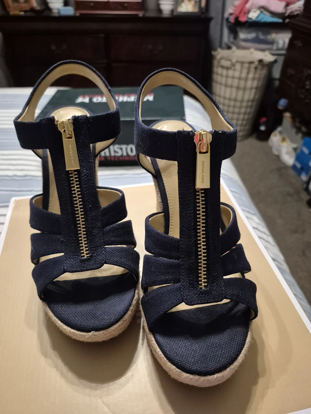 Michael Kors Navy Espadrille Wedge Sandals with Gold Zipper Detail